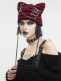 Black and Red Gothic Grunge Striped Crochet Cat Beanie Hat