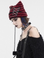 Black and Red Gothic Grunge Striped Crochet Cat Beanie Hat