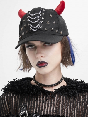 Black and Red Devil Horns Gothic Punk Studded Peaked Cap