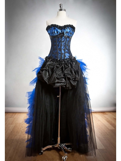 Blue and Black Gothic Burlesque Corset High-Low Party Dress