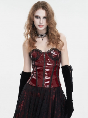 Wine Red Gothic Lace Trim Leather Overbust Corset Top for Women