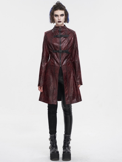 Red Gothic Punk Buckle Straps Mid-length Coat for Women