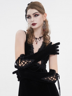 Black Gothic Vintage Full Finger Velvet Lace-Up Gloves