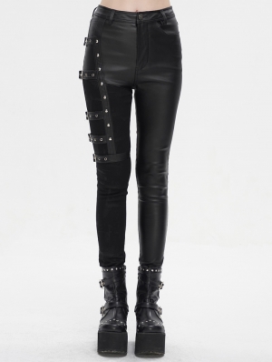 Black Gothic Buckle Belt Mesh Legging for Women