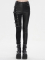 Black Gothic Punk Studded Side Buckle Slim Fit Pants for Women