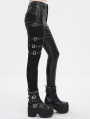 Black Gothic Punk Studded Side Buckle Slim Fit Pants for Women