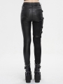 Black Gothic Punk Studded Side Buckle Slim Fit Pants for Women