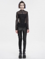 Black Gothic Punk Studded Side Buckle Slim Fit Pants for Women