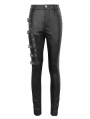 Black Gothic Punk Studded Side Buckle Slim Fit Pants for Women