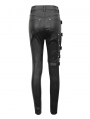 Black Gothic Punk Studded Side Buckle Slim Fit Pants for Women