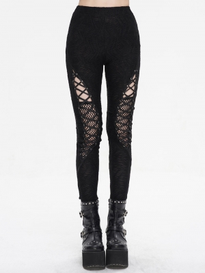Black Gothic Casual Hollow Out Lace-Up Leggings for Women