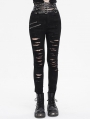 Black Gothic Punk Distressed Multi-Buckle Fitted Pants for Women