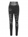 Black Gothic Punk Distressed Multi-Buckle Fitted Pants for Women