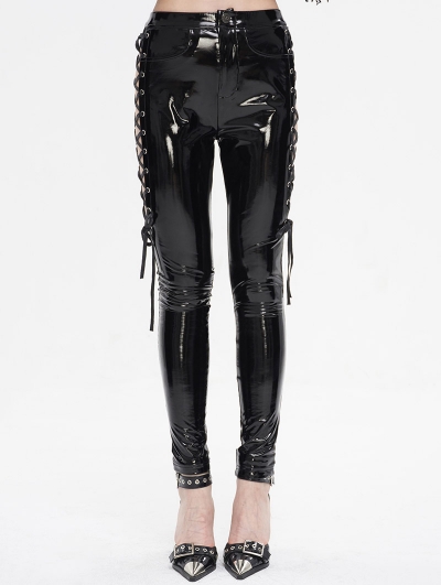 Black Gothic Punk Skinny Side Hollow Leather Pants for Women