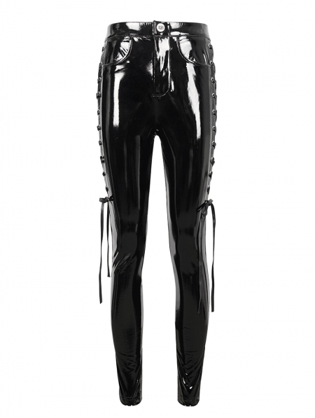 Black Gothic Punk Skinny Side Hollow Leather Pants for Women ...