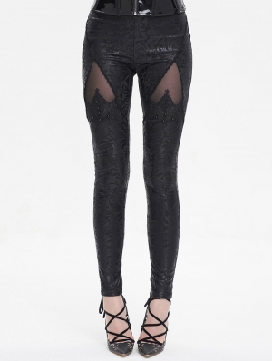 Black Gothic Brocade Pattern Hollow out Leggings for Women