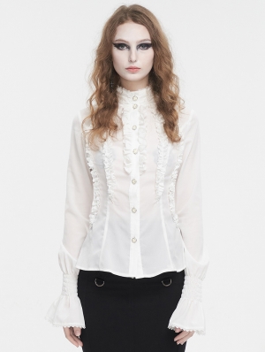 White Gothic Retro Ruffles Long Sleeve Shirt for Women