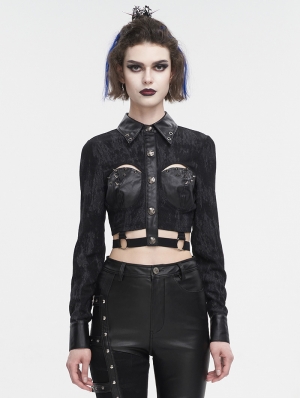 Black Gothic Punk Stylish Rivet Crpped Shirt for Women