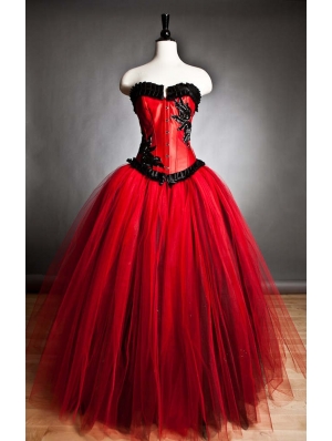 Red and Black Romantic Gothic Corset Prom Gown