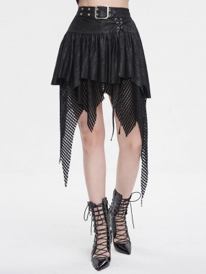 Black Gothic Punk Net Splicing Pleated Irregular Skirt