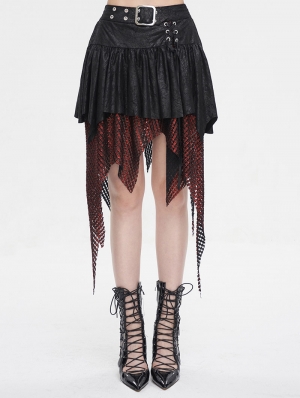 Black and Red Gothic Punk Net Splicing Pleated Irregular Skirt