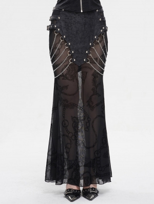 Black Gothic Punk Sexy See-Through Pattern Chain Embellished Maxi Skirt