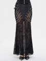 Black Gothic Punk Sexy See-Through Pattern Chain Embellished Maxi Skirt