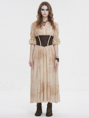 Beige and Coffee Gothic Vintage Deep V-Neck Pleated Long Dress