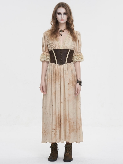 Beige and Coffee Gothic Vintage Deep V-Neck Pleated Long Dress