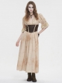 Beige and Coffee Gothic Vintage Deep V-Neck Pleated Long Dress