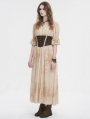 Beige and Coffee Gothic Vintage Deep V-Neck Pleated Long Dress