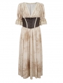 Beige and Coffee Gothic Vintage Deep V-Neck Pleated Long Dress