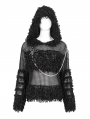 Black Gothic Punk Grunge Long Sleeve Hooded Crochet Sweater for Women