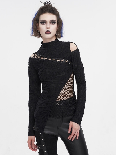 Black Gothic Hollow-out Asymmetric Long Sleeve T-Shirt for Women