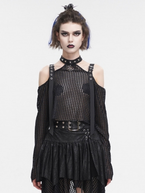 Black Gothic Punk Buckle Strap Cold Shoulder Halter Top for Women