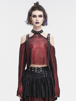Red Gothic Punk Buckle Strap Cold Shoulder Halter Top for Women