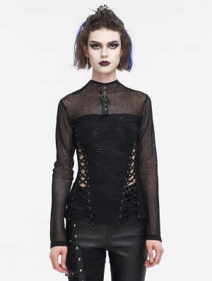 Black Gothic Punk Sexy Mesh Sleeve Fitted Top for Women