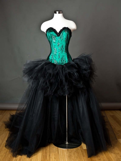 Green and Black Romantic Gothic Burlesque Corset High-Low Prom Dress