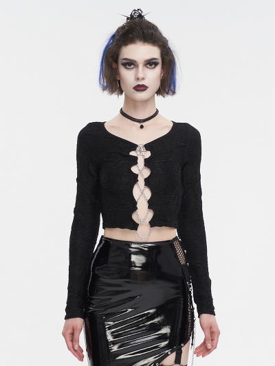 Black Gothic Sexy Chain Lace-Up Long Sleeve Crop Top for Women