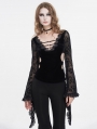 Black Gothic Sexy Vintage Pattern V-Neck Bell Sleeve Top for Women