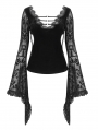 Black Gothic Sexy Vintage Pattern V-Neck Bell Sleeve Top for Women