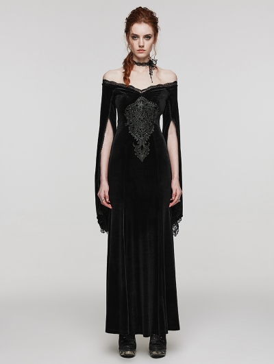 Black Vintage Gothic Gorgeous Velvet Lace Applique Long Party Dress