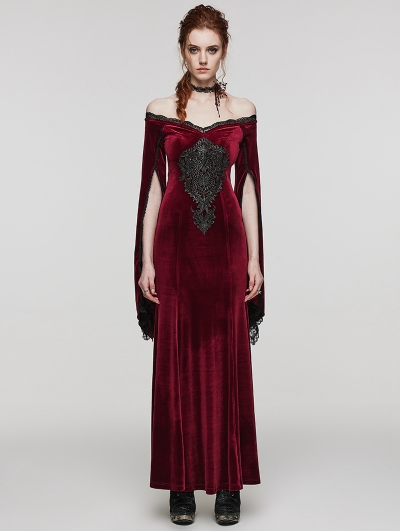 Red Vintage Gothic Gorgeous Velvet Lace Applique Long Party Dress