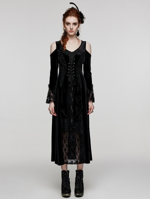 Black Gothic Cold Shoulder Velvet Long Floral Lace Dress