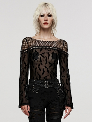 Black Gothic Bat Mesh Long Sleeve Daily T-shirt for Women