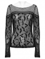 Black Gothic Bat Mesh Long Sleeve Daily T-shirt for Women