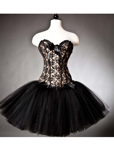 Black Lace and Tulle Gothic Burlesque Corset Prom Party Dress
