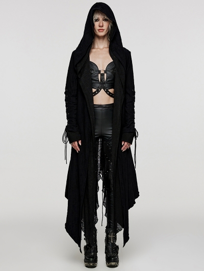 Black Gothic Decadent Layered Hooded Long Trench Coat for Women