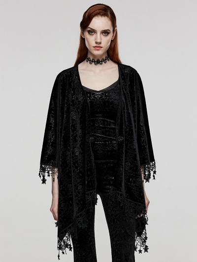 Black Gothic Embossed Velvet Tassel Shawl for Women