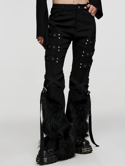 Women's Black Gothic Punk Fur Straight Fit Pants with Detachable Knee Loops